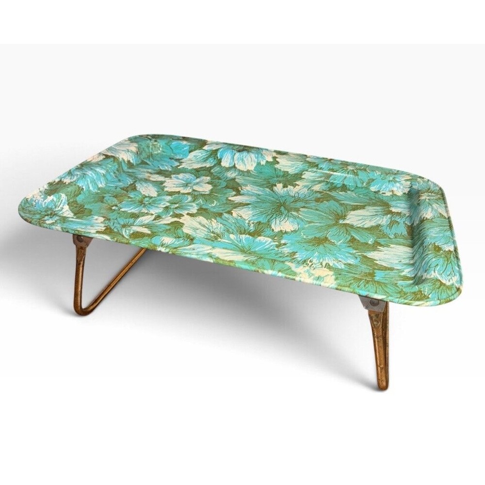 Vtg 60s 70s Metal TV Lap Tray Table Mid Century Modern Turquoise Floral Daisy